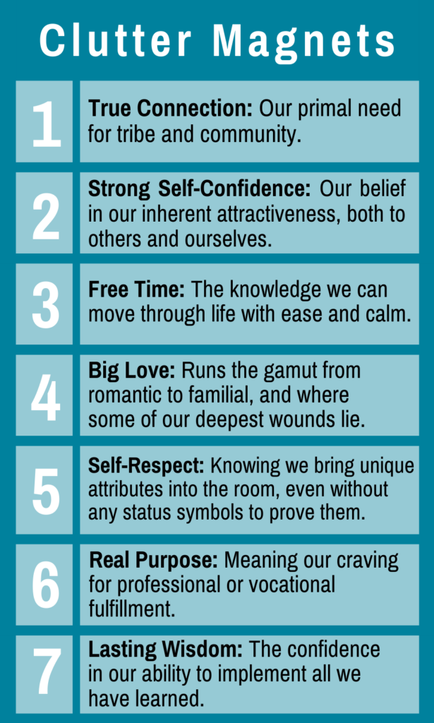 Infographic titled 'Clutter Magnets,' listing seven elements: True Connection, Strong Self-Confidence, Free Time, Big Love, Self-Respect, Real Purpose, and Lasting Wisdom, with brief descriptions of each.