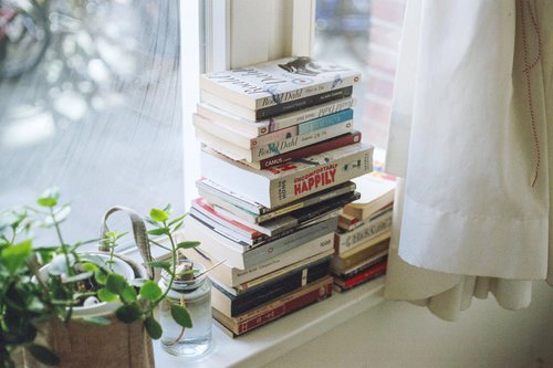 A neatly stacked pile of books on a sunny windowsill with green plants in jars nearby, representing simple tips for book decluttering and organization by dClutterfly.com.